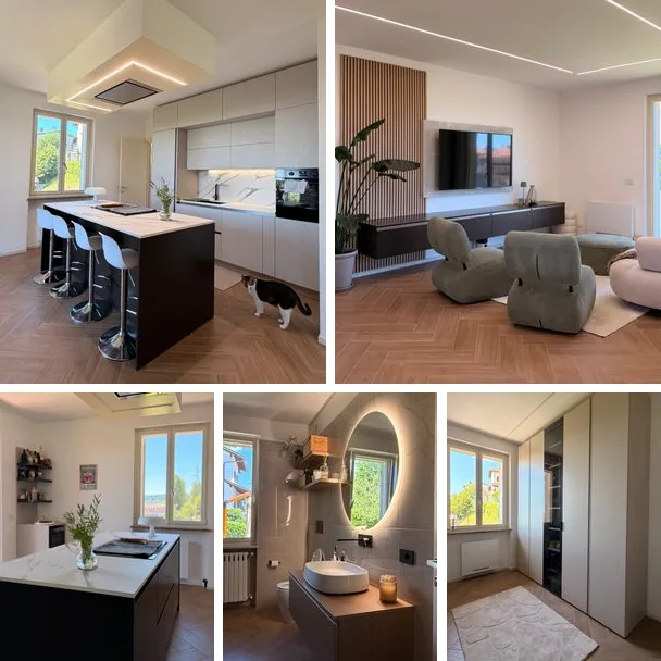 Realizzazioni Febal Casa per clienti reali: cucina con isola, living, dettaglio cucina, bagno e armadio